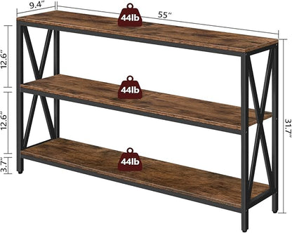 55" Sofa Table, Industrial Console Table, 3-Tier Narrow Side Table with Open Shelves, Foyer Table for Entryway, Hallway, Kitchen, Living Room and Bedroom, Rustic Brown CTHR80401