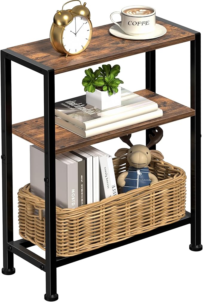 Narrow Side Table for Small Space, 2-Tier Small End Table with Shelf Holder, Slim Nightstand, Skinny Snack Couch Table in Living Room, Bedroom, Study, Kitchen and Balcony (Rustic Brown &Black)