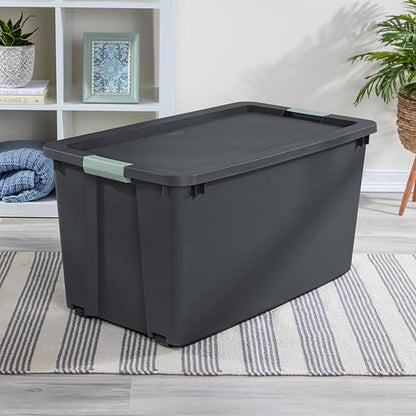 Sterilite 4 Pack 45 Gallon Wheeled Latch Tote, Stackable Plastic Storage Bin, Gray/Green