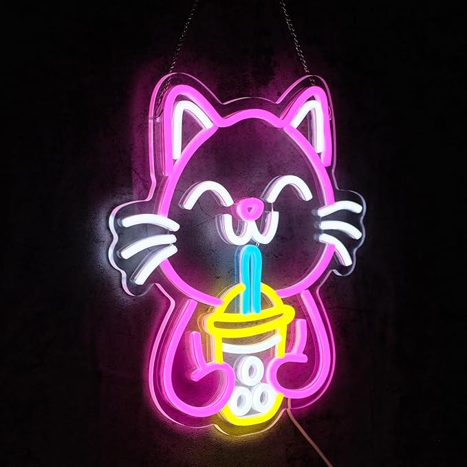 Cat Boba Tea Neon Sign for Wall Decor Dimmable Cute Cat Led Light Signs Bubble Tea Neon Light for Cafe Bar Kitchen Restaurant Coffee Dessert Shop Kids Room Decoration Gift for Girls Kids