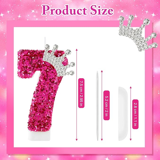 Hot Pink Birthday Candles Crown Number 7 Candle 7th Birthday Party Decorations Cake Topper Cupcake Decor for Anniversary Celebrations Supplies