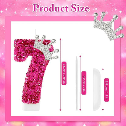 Hot Pink Birthday Candles Crown Number 7 Candle 7th Birthday Party Decorations Cake Topper Cupcake Decor for Anniversary Celebrations Supplies