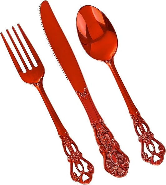 150PCS Red Plastic Silverware - Elegant Disposable Utensils - Heavy Duty Vintage Red Cutlery Sets Includes 50Forks, 50Spoons, 50Knives for Catering Dinner Christmas Party Wedding