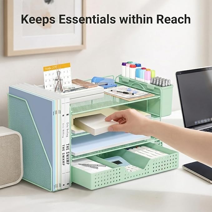 Desk Organizer, 4-Tier Paper Organizer Letter Tray with File Holder, Drawer and 2 Pen Holders, Desktop File Organizer for Office Supplies, Workspace Storage, Green