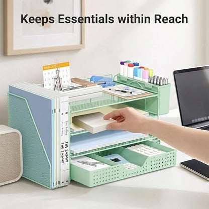 Desk Organizer, 4-Tier Paper Organizer Letter Tray with File Holder, Drawer and 2 Pen Holders, Desktop File Organizer for Office Supplies, Workspace Storage, Green