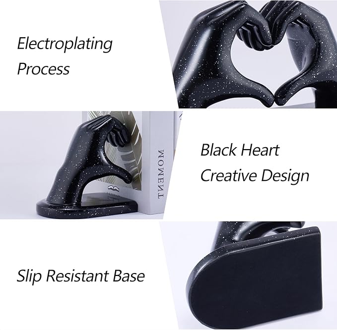 Black Bookends, Heavy Duty Bookend Holder Decor, Finger Heart Shaped, Modern Art Sculpture, Bookends Decorative, Boho Decor for Desktop Bedroom Study Room(Black)