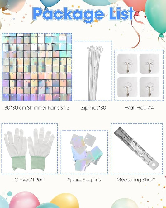 Iridescent Silver Shimmer Wall Backdrop, Sparkling Sequins, 12PCS Sequin Decoration Panels, Glitter Glam Photo Background Decorations for Birthday Party Wedding Engagement Anniversary Graduation