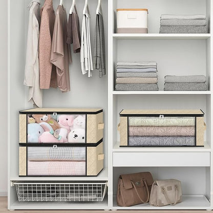 HomeHacks Storage 6-Pack Clothes Organizer Storage Bags Foldable Storage Box with Large Clear Window Sturdy Handles for Closet, Dorm, Pillows, Bedding, Clothes, Blankets, 35L, Beige