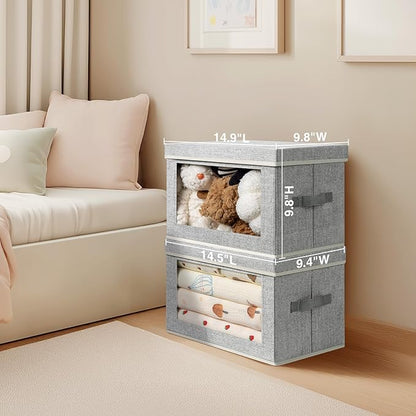 Storage Boxes with Lids - 3 Pack Fabric Clear Window Storage Bins, Collapsible Storage Bins with Lids, Linen Closet Organizer for Clothes, Towel, Blanket, Light Grey