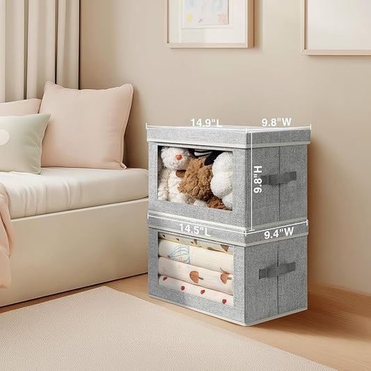 Storage Boxes with Lids - 3 Pack Fabric Clear Window Storage Bins, Collapsible Storage Bins with Lids, Linen Closet Organizer for Clothes, Towel, Blanket, Light Grey