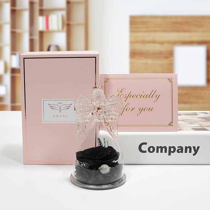 Miofula Preserved Flower Rose Birthday Gifts for Mom, Angels Figurines with Forever Real Rose Gifts for Women Mom Grandma, Angels Gifts for Valentine's Day Anniversary (Black)