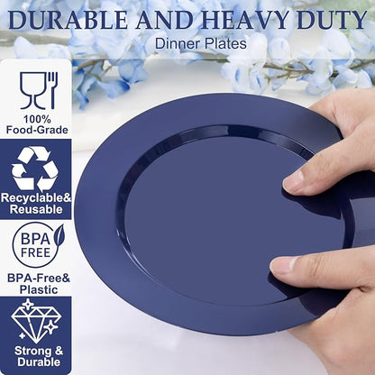 FLOWERCAT 200PCS Navy Blue Plastic Plates Disposable Plates for Party - Heavy Duty Plastic Plates - 10" &7" Plate for 100 Guests Hanukkah Parties and New Year Events