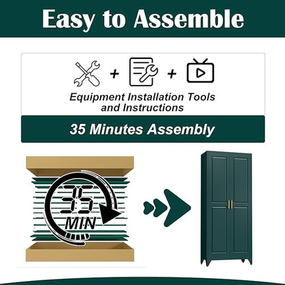 Kitchen Pantry Cabinet,75" Green Metal Storage Cabinets with Doors and 4 Adjustable Shelves,Kitchen Cabinet with 2 Gold Handles,Tall Cabinet for Livingroom,Pantry, Bathroom