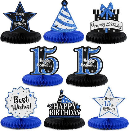 Happy 15th Birthday Decorations,15th Birthday Blue Glitter Shiny Stand Honeycomb Table Centerpieces - Cheers to Fifteen Years Old Birthday Party Photoprop Gift Sign.