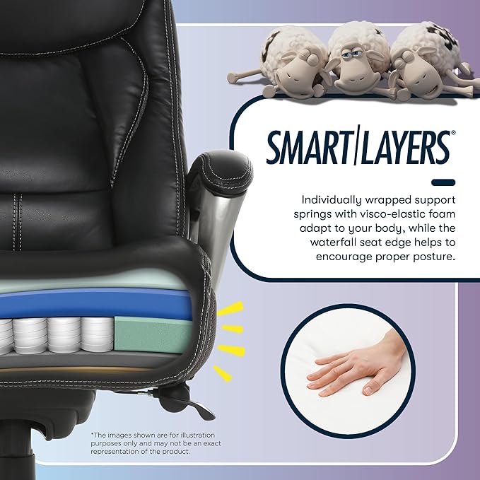 Serta Lautner Executive Home Office Desk Chair, Ergonomic High-Back with Adjustable Lumbar & Body Pillows, SmartLayers and ComfortCoils Technology, Mesh and Bonded Leather, Black/ Gray