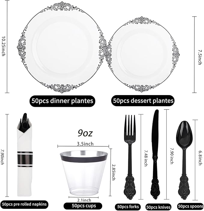 Hioasis 350pcs Clear Black Plastic Plates - Elegant Disposable Dinnerware Set Suitable for 50 Guests Include 10.25" Dinner & 7.5" Dessert Plates, Pre Rolled Silverware Set, Cups for Party & Wedding