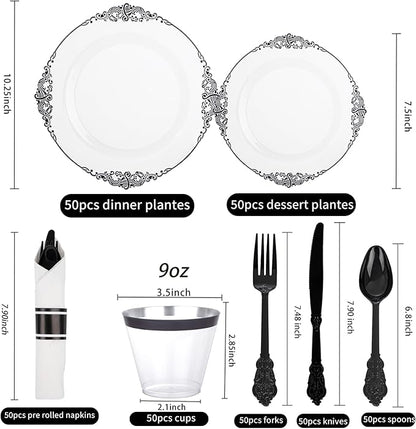 Hioasis 350pcs Clear Black Plastic Plates - Elegant Disposable Dinnerware Set Suitable for 50 Guests Include 10.25" Dinner & 7.5" Dessert Plates, Pre Rolled Silverware Set, Cups for Party & Wedding