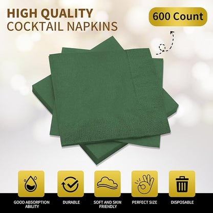 Cocktail Napkins - 600 Count 2-Ply Dark Green Napkins Disposable, 4.75 x 4.75 Inch Folded Paper Napkins Bulk Beverage Napkins for Dinner Wedding Bar Party and Everyday Use