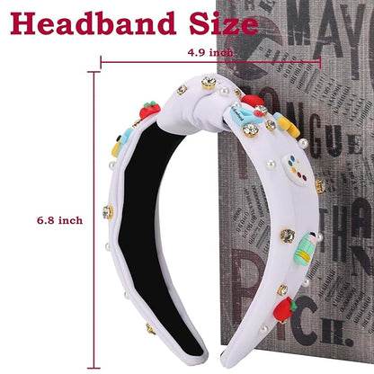 Teacher Appreciation Gifts for Women, Headband for Women, Pearl Rhinestone Back to School Headband for Girls, Jeweled Top Knot Embellished Hairband, Teacher Hair Accessories Outfits (White)