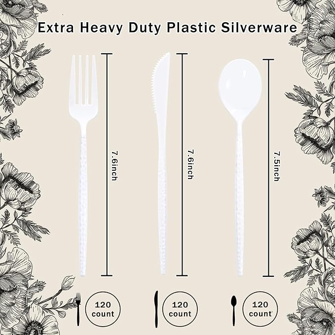 Supernal 360Pcs White Plastic Silverware, Hard Plastic Cutlery Heavy Duty Hammered Durable Utensils,White Silverware Set Include 120 Plastic Forks and Spoons,120 Knives Suitable for Wedding & Party