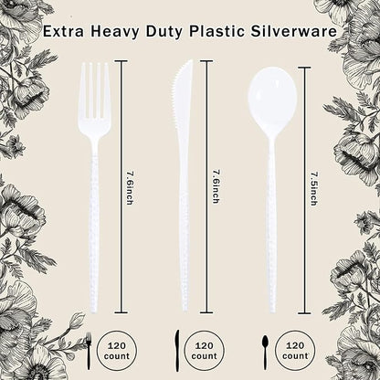 Supernal 360Pcs White Plastic Silverware, Hard Plastic Cutlery Heavy Duty Hammered Durable Utensils,White Silverware Set Include 120 Plastic Forks and Spoons,120 Knives Suitable for Wedding & Party