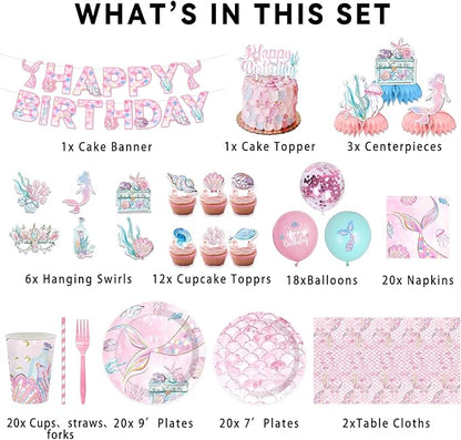 175PCS Mermaid Party Decorations, Mermaid Theme Party Supplies Plates and Napkins Set, Tableware,Banner, Hanging Swirls, Tablecloth, Balloon,Cake Cupcake Topper,Honeycomb Centerpiece Baby Shower