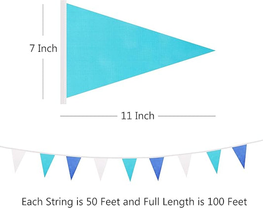 100 Ft White Blue Dark Blue Pennant Banner Flag, 60 Pcs String Hanging DIY Bunting Flags for Party, School, Birthday, Wedding, Carnival, Celebrations, Outdoor and Indoor Decorations