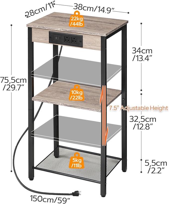 HOOBRO Tall End Table with Charging Station, 30 Inch Tall Nightstand, 3-Tier Small Side Table with Adjustable Shelf, for Living Room, Bedroom, Hallway, Greige BG09UDH01G1