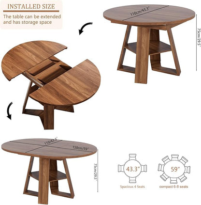 43.3in-59in Extendable Round Dining Table for 4-6,Modern Kitchen Oval Dining Table with Removable Leaves Space Saving,Wood Base with Storage Shelf for Kitchen Living Room