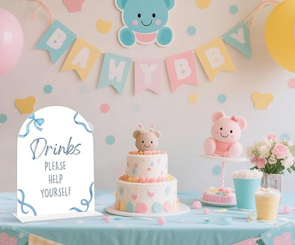Drinks Please Help Yourself Sign - Blue Bow Baby Shower Sign, 1 Pack Arch Acrylic Sign with Stand, Gender Reveal Party Table Decor, Blue Baby Shower Supplies (SP10)