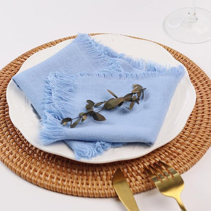 Handmade Cloth Napkins with Fringe,18 x 18 Inches Cotton Linen Napkins Set of 4 Versatile Handmade Square Rustic Fringe Napkins for Dinner, Wedding and Parties, Dusty Blue
