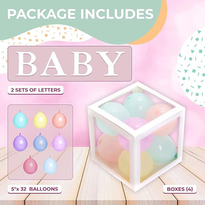 Baby Shower Boxes with Letters – White Boxes with Pastel Pink, Blue, Yellow, and Green Balloons – 44-Piece Gender Reveal & Party Decoration Set by Vellax
