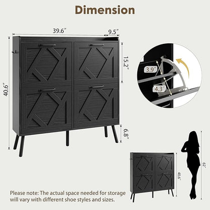 Nicetree Shoe Cabinet, Shoe Storage Cabinet for Entryway, Farmhouse Narrow Shoe Rack Cabinet with Metal Legs, Foyer, Hallway,4 Flip Drawers,Black