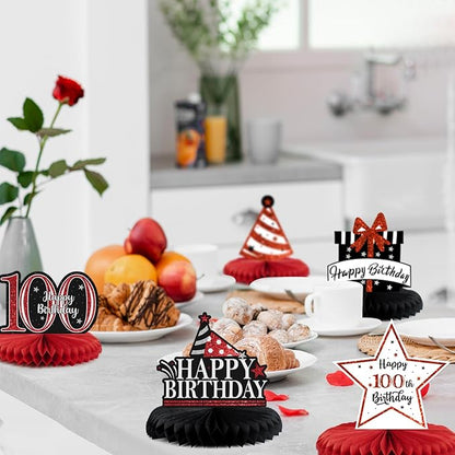 Happy 100th Birthday Decorations,100th Bday Red Glitter Shiny Stand Honeycomb Table Centerpieces - Cheers to 100 Years Old Birthday Party Photoprop Gift Sign.