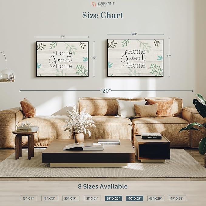 Elephant Stock Home Sweet Home Foliage Wall Art - Horizontal Floating Framed Canvas - 1-Piece Living Room Wall Decor - Leaf Digital Art Canvas Print - Beige and Black Decor for Wall by Susan Jill - 37" X 25"