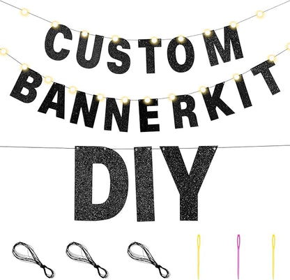 TaoBary 112 Pcs DIY Letter Kit Glitter Customizable Banner Letters Include 107 Letters and Numbers 3 Rope and 2 Needles for Birthday Halloween Christmas Wedding Valentine Party Decor(Black)