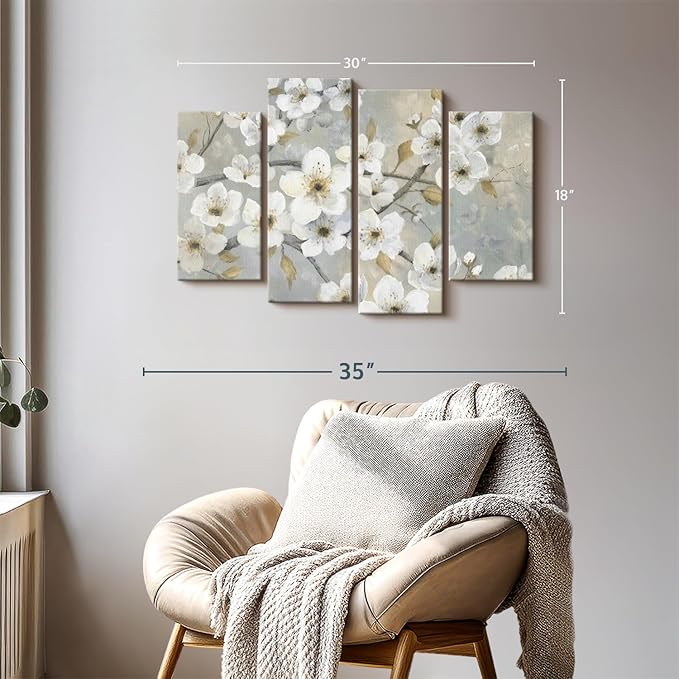 ElephantStock Golden Garden Wall Art - Horizontal Canvas - 4-Piece Living Room Wall Decor - Leaves Painting Canvas Print - Gray and Beige Decor for Wall by Nan - 30" X 18"