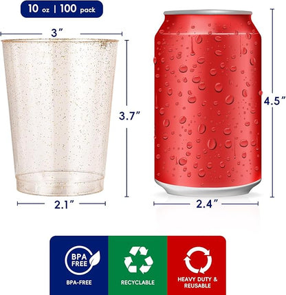 JOLLY CHEF 100 Pack 10 oz Gold Plastic Cups, Disposable Gold Glitter Cups, Clear Plastic Tumblers Perfect for Weddings, Christmas & Parties