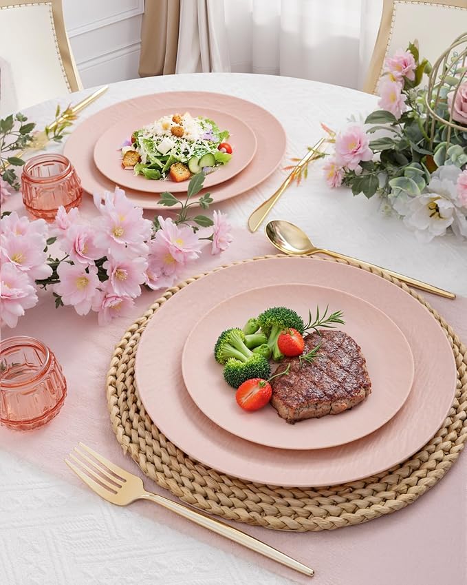 WONDERFUL 32pcs Pink Plastic Plates - Unbreakable and Reusable Pink Plates Dishwasher safe Dishes Set Includes:16 Dinner Plate 10" and 16 Dessert Plate 7.3" for Wedding Thanksgiving Christmas