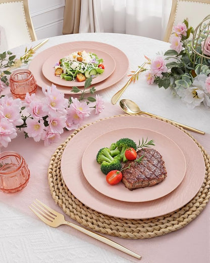WONDERFUL 32pcs Pink Plastic Plates - Unbreakable and Reusable Pink Plates Dishwasher safe Dishes Set Includes:16 Dinner Plate 10" and 16 Dessert Plate 7.3" for Wedding Thanksgiving Christmas
