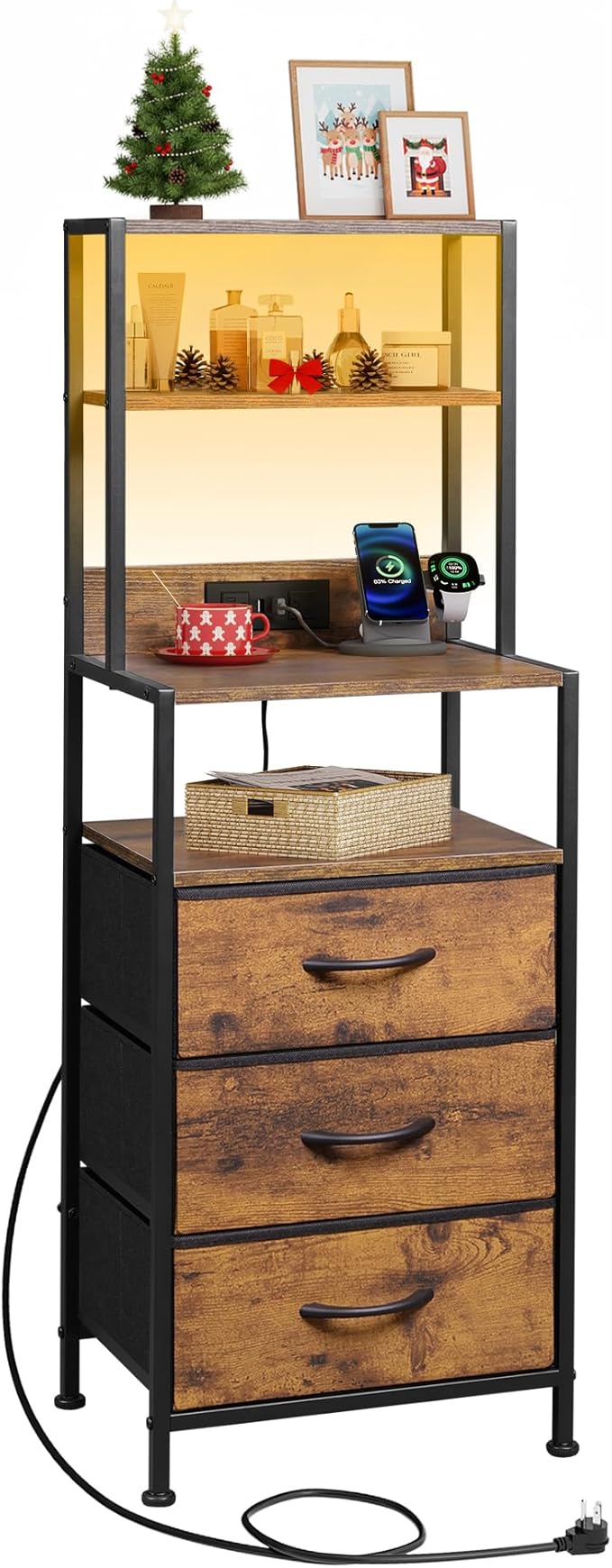 WLIVE Tall Nightstand with 3 Fabric Drawers, Night Stand with Charger Station and Open Shelves, LED Nightstand, Bed Side Table for Bedroom, Living Room, Rustic Brown