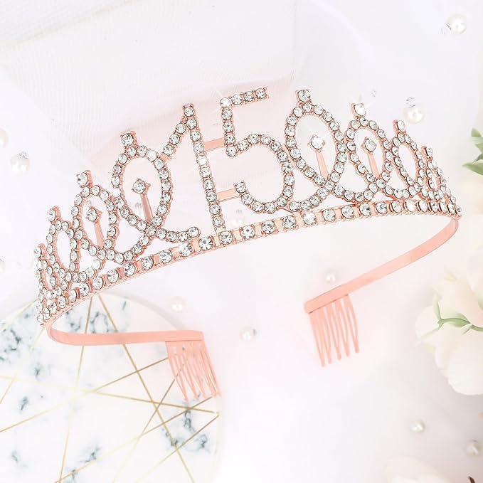 CIEHER 15th Birthday Crown + 15th Birthday Sash + Pearl Pin Set, 15th Birthday Gifts for Girls It's My 15th Birthday Decorations Women Happy 15th Birthday Party Supplies