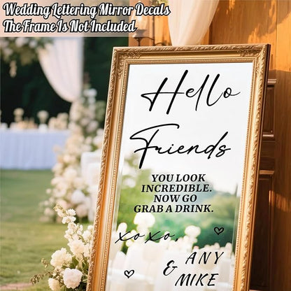 Custom Name Wedding Mirror Decals Welcome to Our Wedding Signs for Glass Mirror DIY Names Vinyl Letters Weddings Stickers Removable Hello Friends Sign for Party Reception Display Marriage Decoration