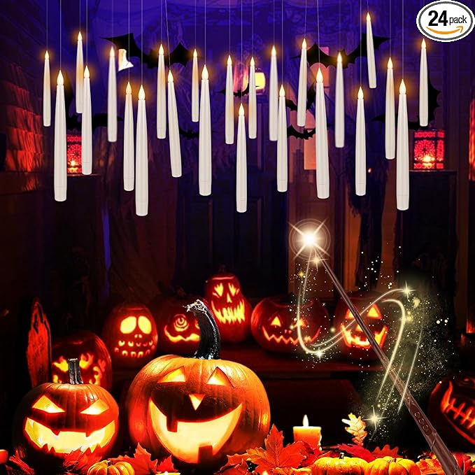 24pack Magic led Taper Candle with Wand Remote,Magic Hanging Candles Flickering Warm Light 6.5" Flameless LED,for Home Decor,Party,Advent and Christmas