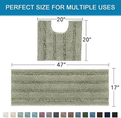 H.VERSAILTEX Bathroom Rug Sets 2 Piece Bath Mats Non Slip Thick Soft Chenille Striped Bath Rug achine Washable Shower Floor Rugs for Tub, Shower and Floor (Eucalyptus Green, 47"x17" Plus 20"x20" U)