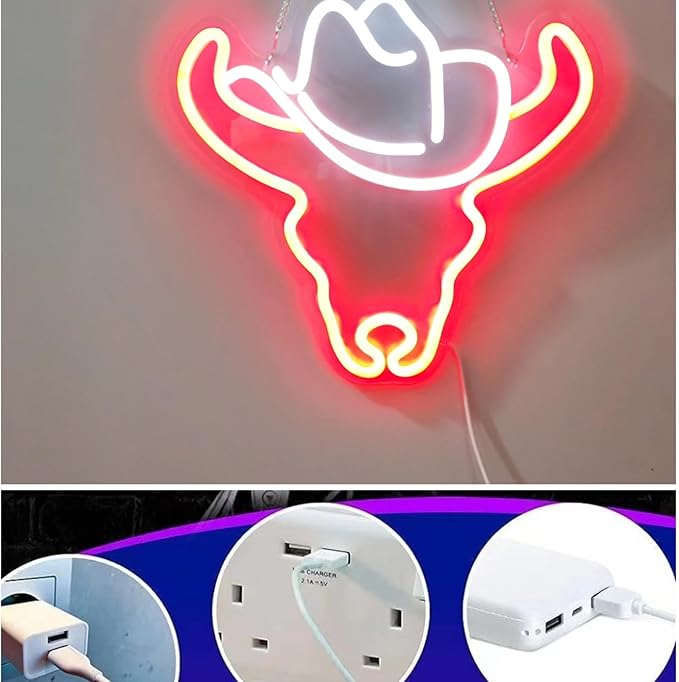 Cowboy Bull Neon Sign for Wall Decor Cowboy Kit Led Neon Light for Bar Wedding Birthday Home Party ，Art Decor Gifts for Boys Game Room,Powered by USB