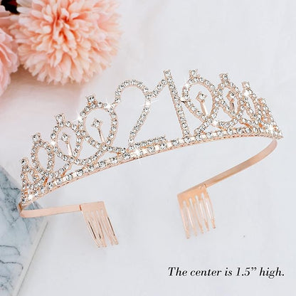 CIEHER Rose Gold 21st Birthday Sash, Tiara and Decorations - Elegant 21 Year Old Birthday Gift Set