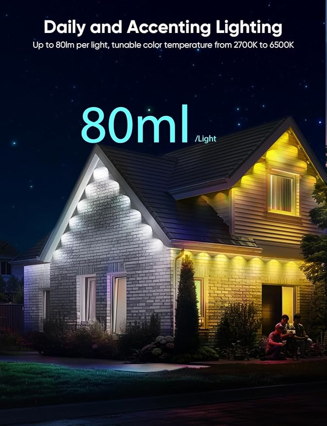 APPECK Permanent Outdoor Lights Pro 100ft, 72W RGBCW Eaves Lights with 72 LED Lights, 80lm, Cuttable, 111 Scene Modes, IP67 Waterproof Lighting for Christmas Decoration, Work with Alexa, Black