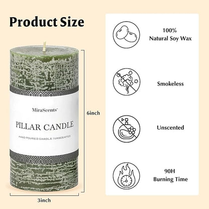 3x6 Inch Moss Green Pillar Candles - Set of 3, Long Clean Burning, Smokeless Dripless Candles for Spring Home Decor, Dinner Table, Bathroom, Rustic Decor