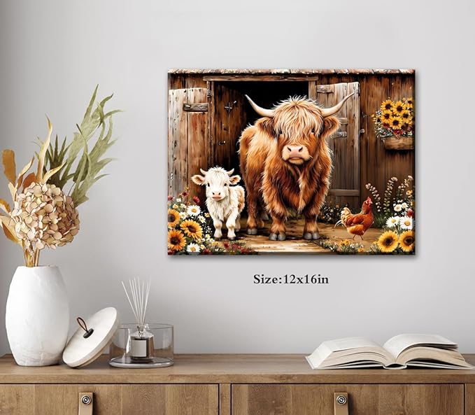 ZOIYINO Farmhouse Highland Cow Wall Art Rustic Country Sunflower Cow Pictures Wall Decor,Farm Animal Cattle Sunflower Prints Painting Modern Artwork Bedroom Living Room Home Decorations 12"X16"